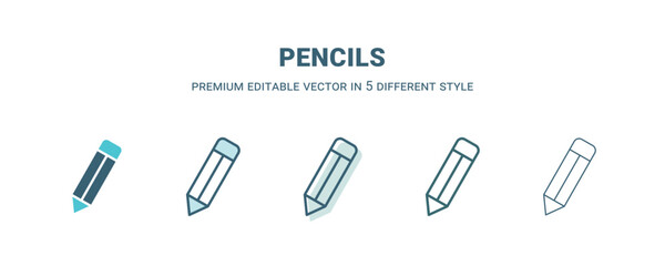 pencils icon in 5 different style. Outline, filled, two color, thin pencils icon isolated on white background. Editable vector can be used web and mobile