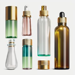 various bottles / roller bottles / spray bottles made of glass and metal for cosmetics, natural medicine , essential oils or other liquids isolated over a white background, top view