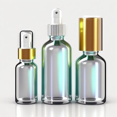 Obraz na płótnie Canvas various bottles / roller bottles / spray bottles made of glass and metal for cosmetics, natural medicine , essential oils or other liquids isolated over a white background, top view