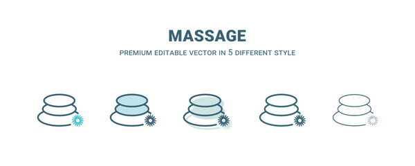 massage icon in 5 different style. Outline, filled, two color, thin massage icon isolated on white background. Editable vector can be used web and mobile