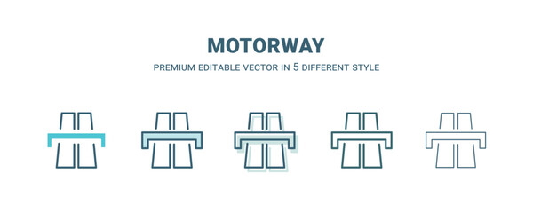 motorway icon in 5 different style. Outline, filled, two color, thin motorway icon isolated on white background. Editable vector can be used web and mobile