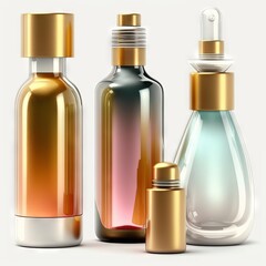 various bottles / roller bottles / spray bottles made of glass and metal for cosmetics, natural medicine ,other liquids isolated over a white background, top view "Generative AI"