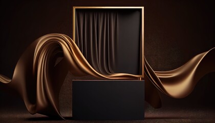 3D background. Podium display mockup. Gold silk cloth in motion. Gold frame for Beauty, product, cosmetic presentation. Feminine scene with pedestal.  Generative AI Technology