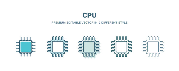 cpu icon in 5 different style. Outline, filled, two color, thin cpu icon isolated on white background. Editable vector can be used web and mobile