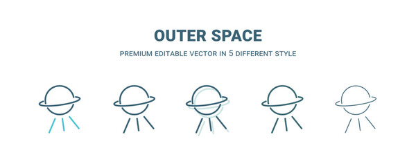 outer space icon in 5 different style. Outline, filled, two color, thin outer space icon isolated on white background. Editable vector can be used web and mobile