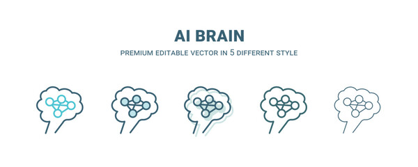ai brain icon in 5 different style. Outline, filled, two color, thin ai brain icon isolated on white background. Editable vector can be used web and mobile