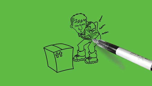 Draw little tired boy bow down fold knee hold hands on hip backside with three dimension cubic box wear shirt, pent and shoes with black outline on abstract green screen background
