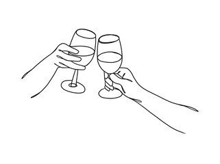 Continuous one line drawing of hands cheering with glasses of wine. Vector illustration.