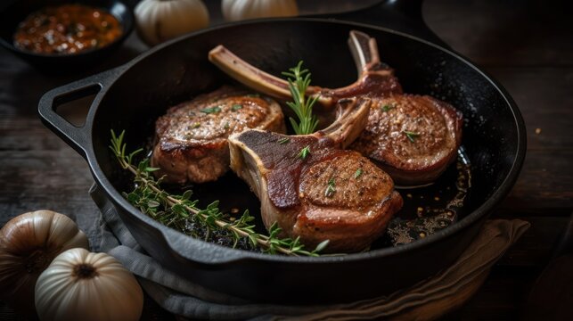 Grilled lamb chop on cast iron pan, generative ai