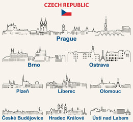 Czech Republic cities outline skylines vector set - obrazy, fototapety, plakaty