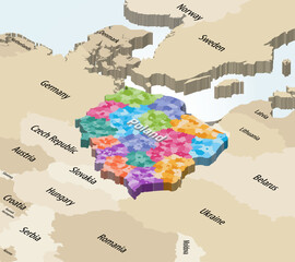 Poland isometric map with administrative divisions colored by regions(voivodeships) with neighbouring countries