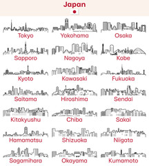 Japaese cities outline skylines vector set - 582469391