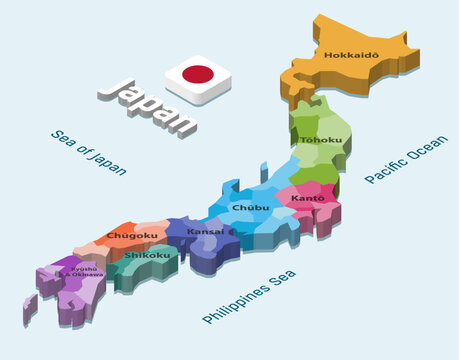 Japan 3d (isometric) map colored by regions on light blue background