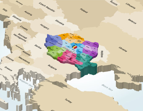 Romania counties 3d (isometric) colorful vector map with neighbouring countries