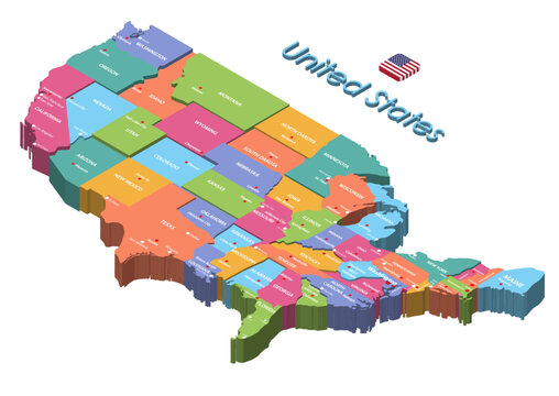 United States isometric multilevel colorful map with states capitals and largest cities on it