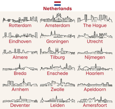 Netherlands cities outline skylines vector set