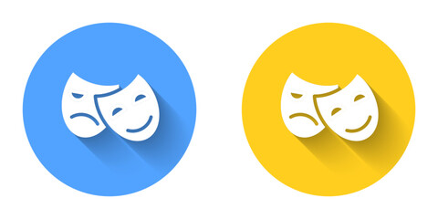 White Comedy and tragedy theatrical masks icon isolated with long shadow background. Circle button. Vector