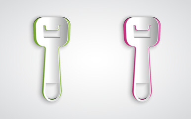 Paper cut Bottle opener icon isolated on grey background. Paper art style. Vector