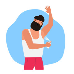 bearded man spraying  deodorant to armpit vector illustration