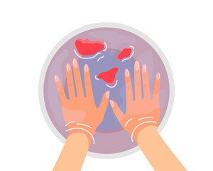 manicure bath female finger nails soaking in bowl with flower petals vector illustration