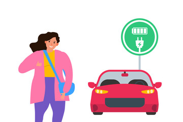 woman showing thumbs up electric car sign eco vehicle  vector illustration