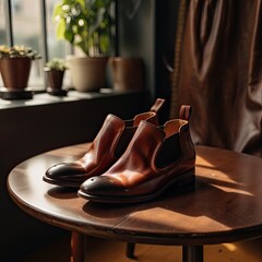 Pair of Nice Leather Shoes on A Table. Generative AI Illustration