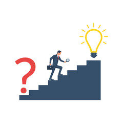 Path from a question to an idea. Businessman is looking for a solution to issue. Man climbs the stairs. Successful people move forward. Question, decision, idea. Process of intellectual work. Vector.