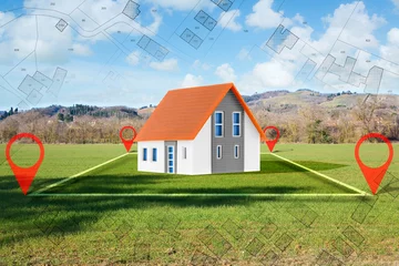 Foto op Canvas Land plot management - real estate concept with a vacant land parcel available for building construction - housing concept with a home model © Francesco Scatena