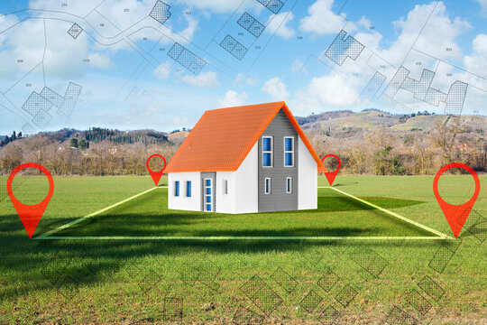 Land plot management - real estate concept with a vacant land parcel available for building construction - housing concept with a home model