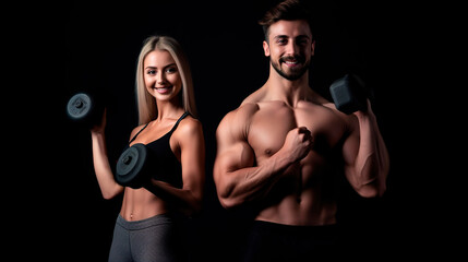 Fototapeta na wymiar Young Athletic woman and man workout with dumbells, fitness studio concept