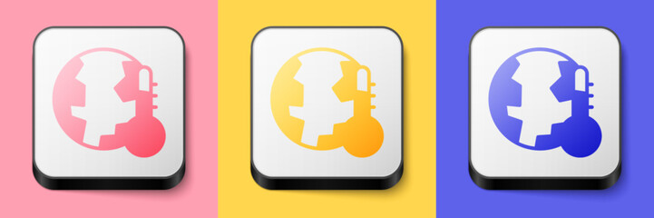 Isometric Planet earth melting to global warming icon isolated on pink, yellow and blue background. Ecological problems and solutions - thermometer. Square button. Vector