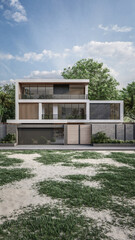Architecture 3d rendering illustration of modern minimal house with natural landscape and walkway 