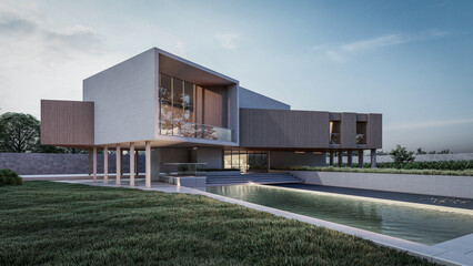 Architecture 3d rendering illustration of modern minimal house with natural landscape and walkway 
