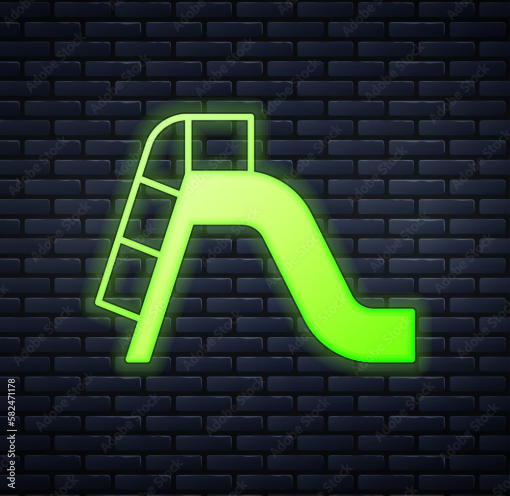 Wall mural glowing neon slide playground icon isolated on brick wall background. childrens slide. vector