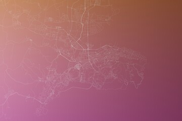 Map of the streets of Dalian (China) made with white lines on pinkish red gradient background. Top view. 3d render, illustration
