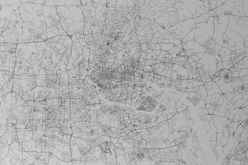 Fototapeta na wymiar Map of the streets of Guangzhou (China) made with black lines on grey paper. Top view. 3d render, illustration