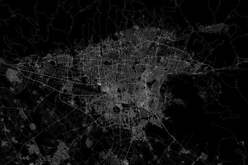 Stylized map of the streets of Tehran (Iran) made with white lines on black background. Top view. 3d render, illustration