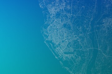 Map of the streets of Kaohsiung (Taiwan) made with white lines on greenish blue gradient background. 3d render, illustration