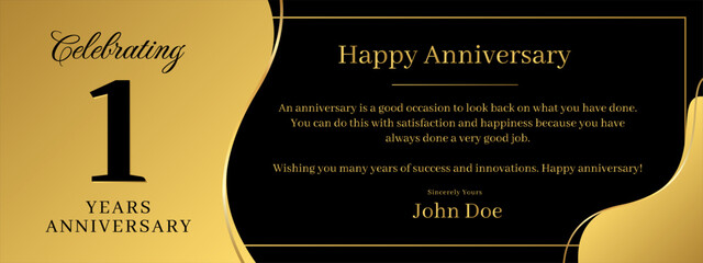 1 year anniversary, a banner speech anniversary template with a gold background combination of black and text that can be replaced