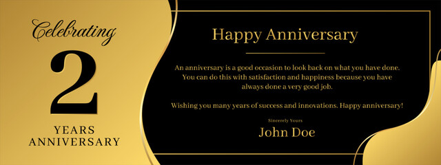 2 years anniversary, a banner speech anniversary template with a gold background combination of black and text that can be replaced
