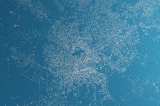 Map of the streets of Ho Chi Minh (Vietnam) made with white lines on blue paper. Rough background. 3d render, illustration