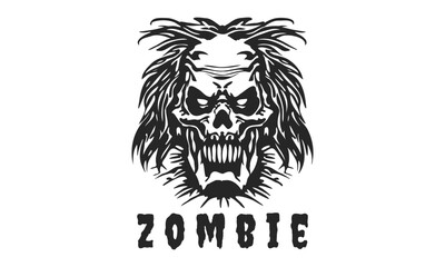 Vector logo. Black and white scary horrible skeleton zombie head. Isolated background. Emblem, sticker or icon.