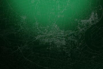 Street map of Bydgoszcz (Poland) engraved on green metal background. Light is coming from top. 3d render, illustration