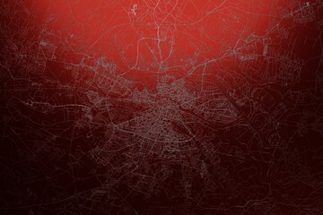 Street map of Wroclaw (Poland) engraved on red metal background. Light is coming from top. 3d render, illustration