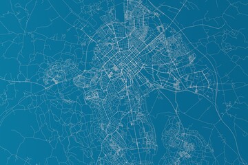 Map of the streets of Uppsala (Sweden) made with white lines on blue background. 3d render, illustration