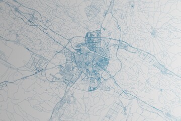 Map of the streets of Zaragoza (Spain) made with blue lines on white paper. 3d render, illustration