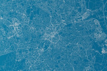 Map of the streets of Birmingham (UK) made with white lines on blue background. 3d render, illustration
