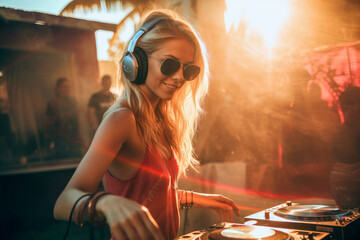 Attractive DJ girl at the  hot dance beach party. DJ console turntable, headphones. Evening sunset light. Palm trees on background. Hot summer vacation nightlife.	
 - obrazy, fototapety, plakaty