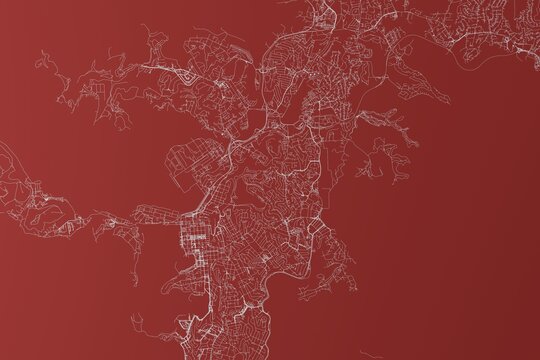 Map of the streets of Noumea (New Caledonia) made with white lines on red background. Top view. 3d render, illustration