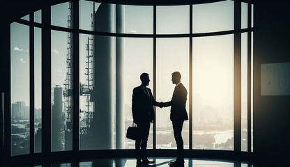 Fototapeta na wymiar silhouette businessman shake hand with partner in office, Generative ai